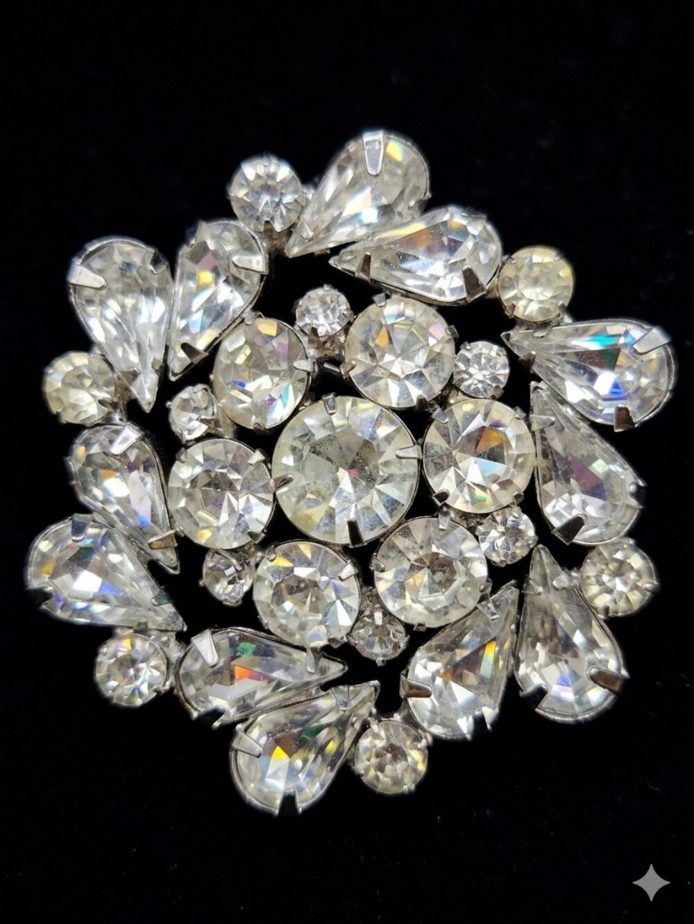 WEISS Clear Rhinestone Crystal Brooch/Pin Silver Tone Cluster~2 in
